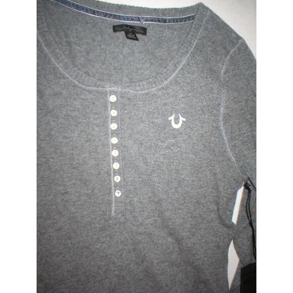New Womens Designer True Religion Jeans Gray Sweater Top NWT M Henley Cashmere - Picture 2 of 4